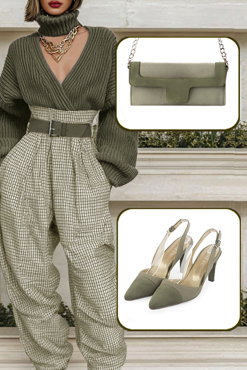 Women's khaki green elegant slingback heels. Tapered toe. High slim heel - Worn view
